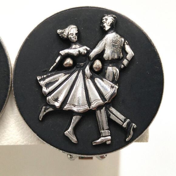 1950s Vintage Dancing Couple Clip Earrings, Black Enamel, Mid Century, 1 1/8 In - Picture 3 of 10